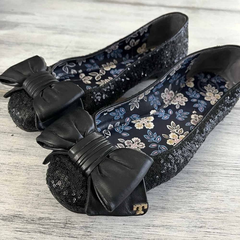 Tory Burch Black Sequin Divine Bow Flats Ballerina Driver Size 7M